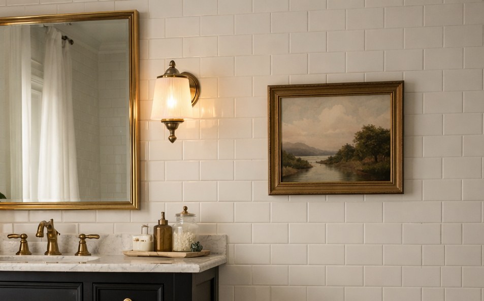 Bathroom mirror and brass wall sconces above a black vanity