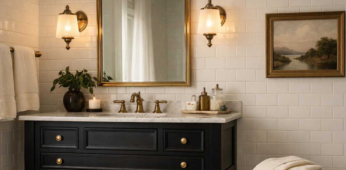 Black and white bathroom with classic tile, warm brass lighting, and a framed mirror