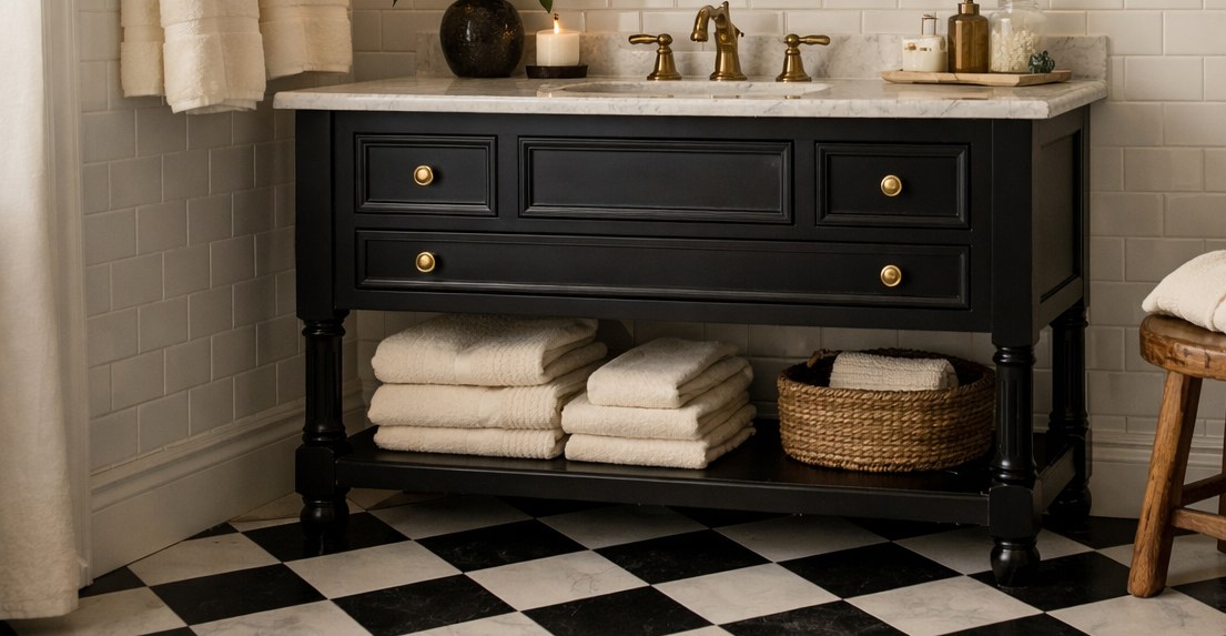 Warm wood stool, towels, tile, and bath accessories in a black and white bathroom