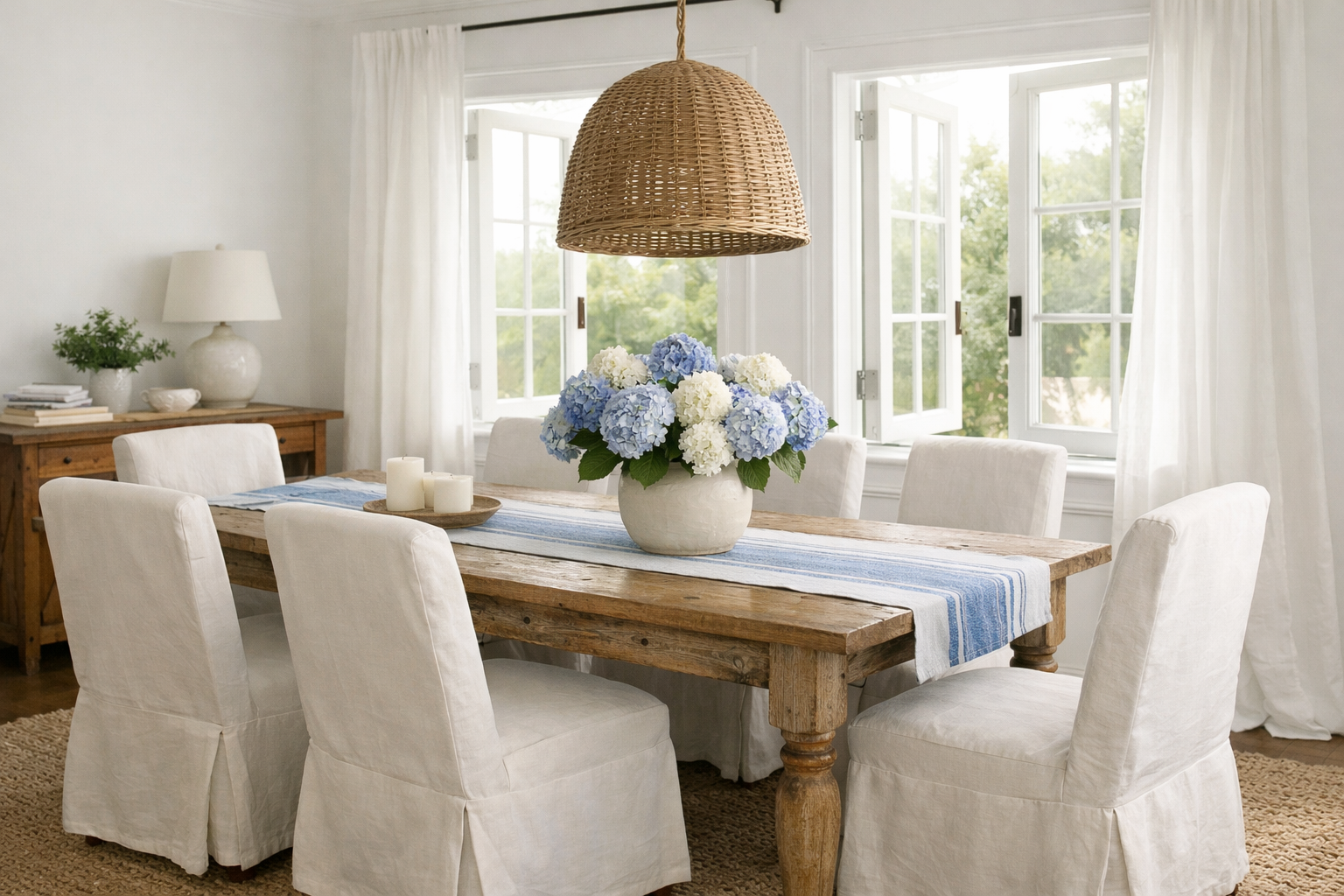 Coastal grandmother dining room with weathered wood table, linen chairs, blue striped textiles, woven pendant, and soft daylight