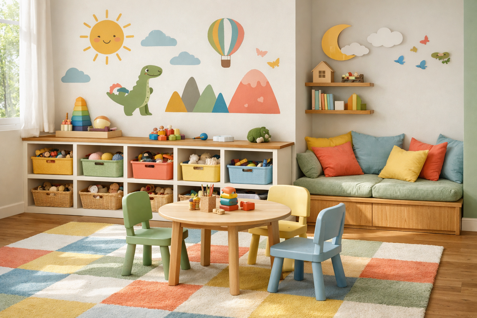 Colorful kids playroom with storage shelves, soft rug, reading nook, wall art, toy bins, and playful color palette