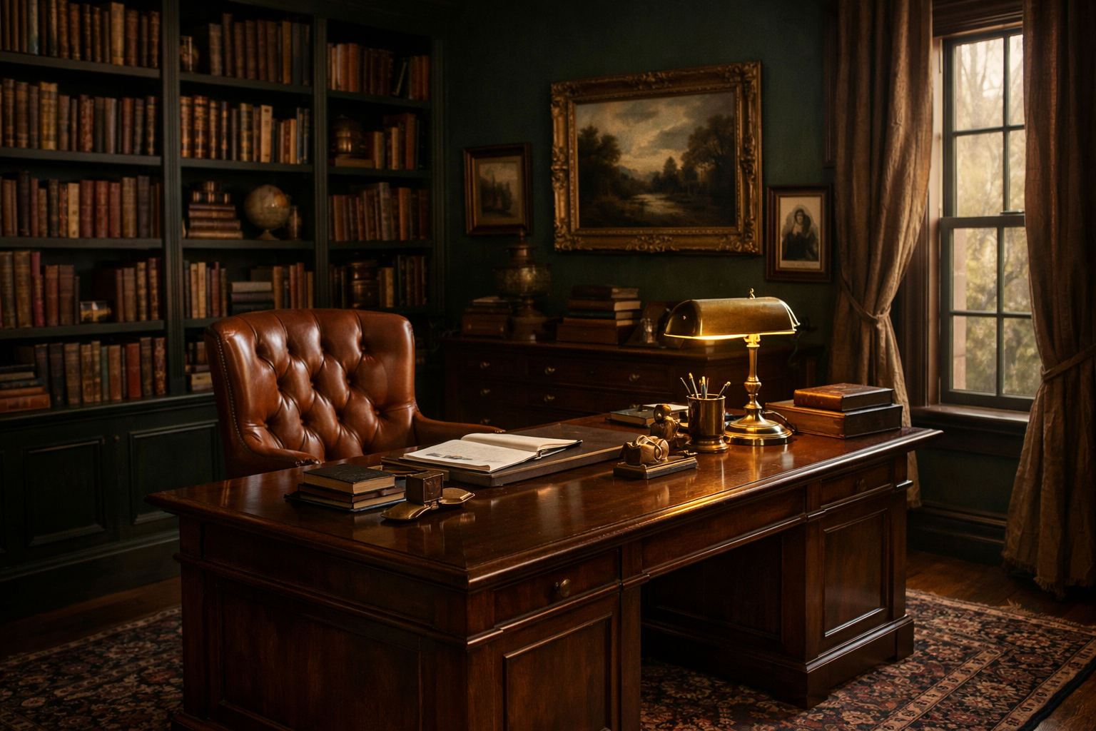 Dark academia home office with dark green walls, bookshelves, wood desk, brass lamp, leather chair, and vintage art