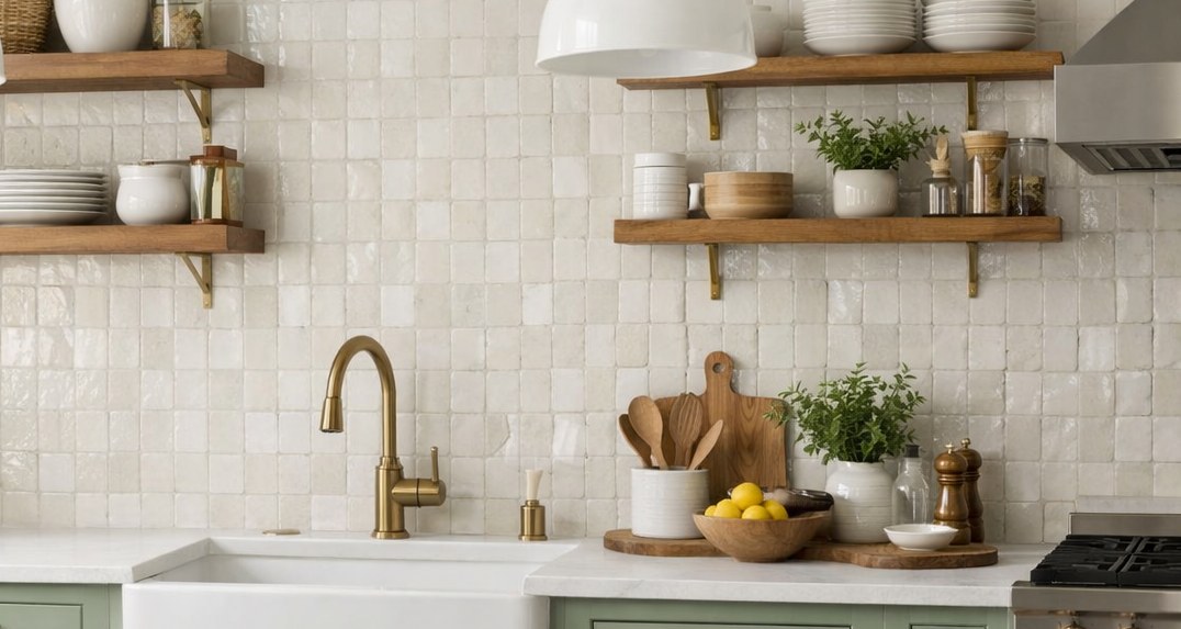 Kitchen detail with brass hardware, stone backsplash, open shelving, and green cabinets