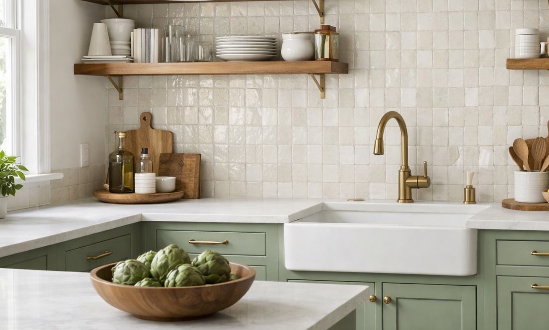 Open kitchen shelving with white dishes, wood, plants, and sage green lower cabinets