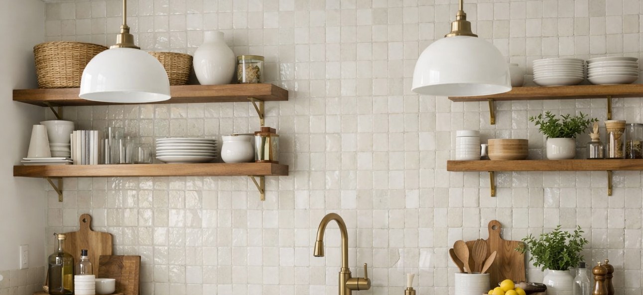 Sage green kitchen cabinets with brass hardware, white stone, and warm wood shelves
