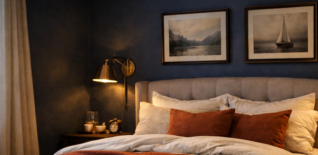Dark blue guest room walls with brass bedside lighting and layered bedding