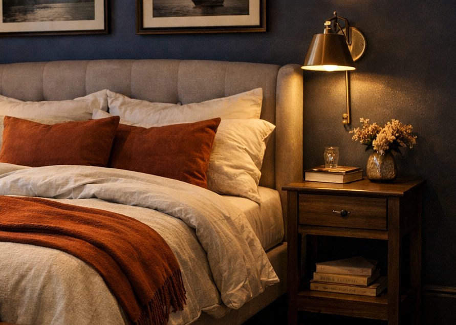 Layered guest room texture with upholstered bed, framed art, lamps, pillows, and warm wood