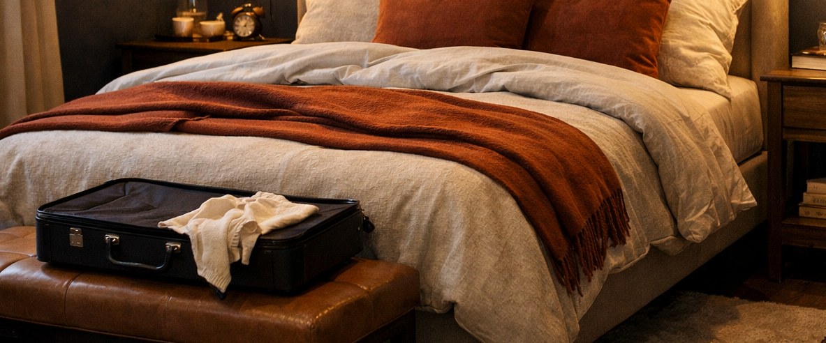 Rust throw blanket, cream bedding, walnut nightstand, and luggage bench in a cozy guest room