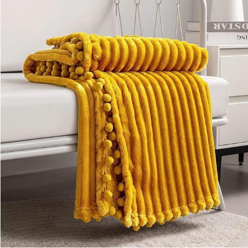 Mustard Pom-Pom Throw Blanket