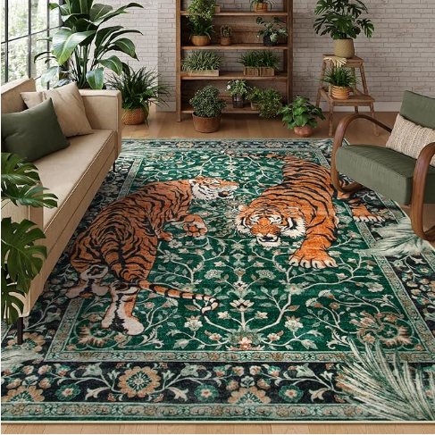 Green Tiger Botanical Washable Rug