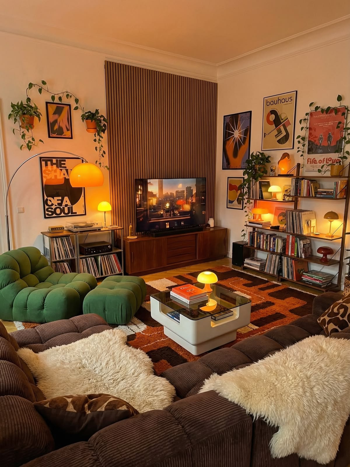 Warm Retro Maximalism: How To Make A TV Room Feel Designed