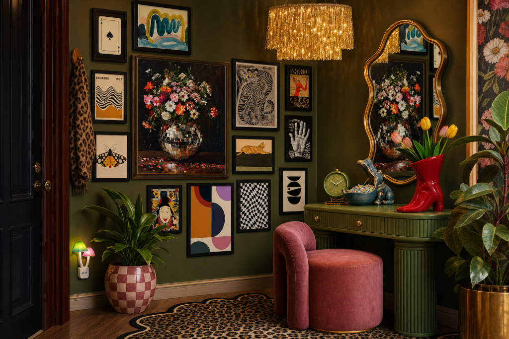 A Funky Maximalist Corner Built From Disco Florals, Gold Fringe, And Odd Little Treasures
