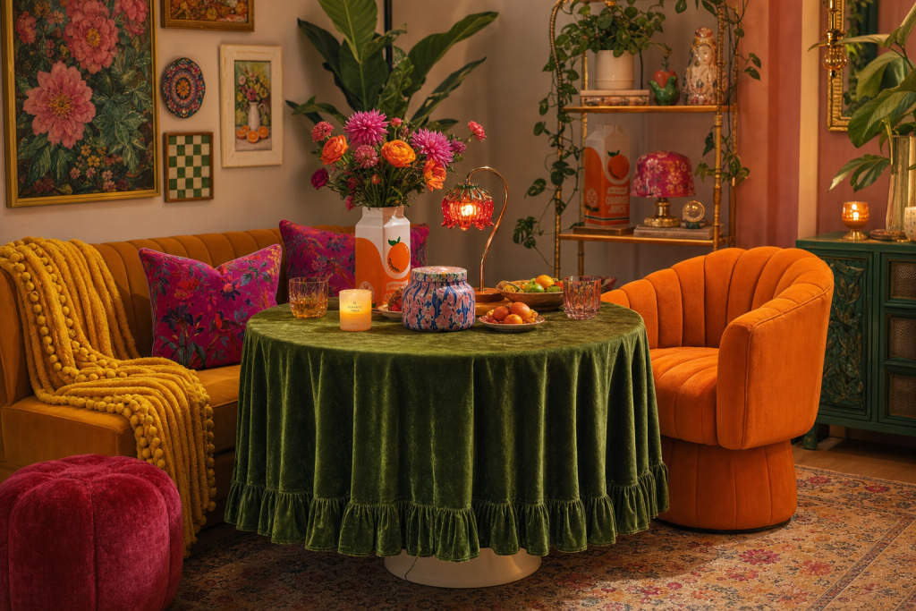 A Playful Maximalist Room Built Around Velvet, Citrus, And Strawberry Red