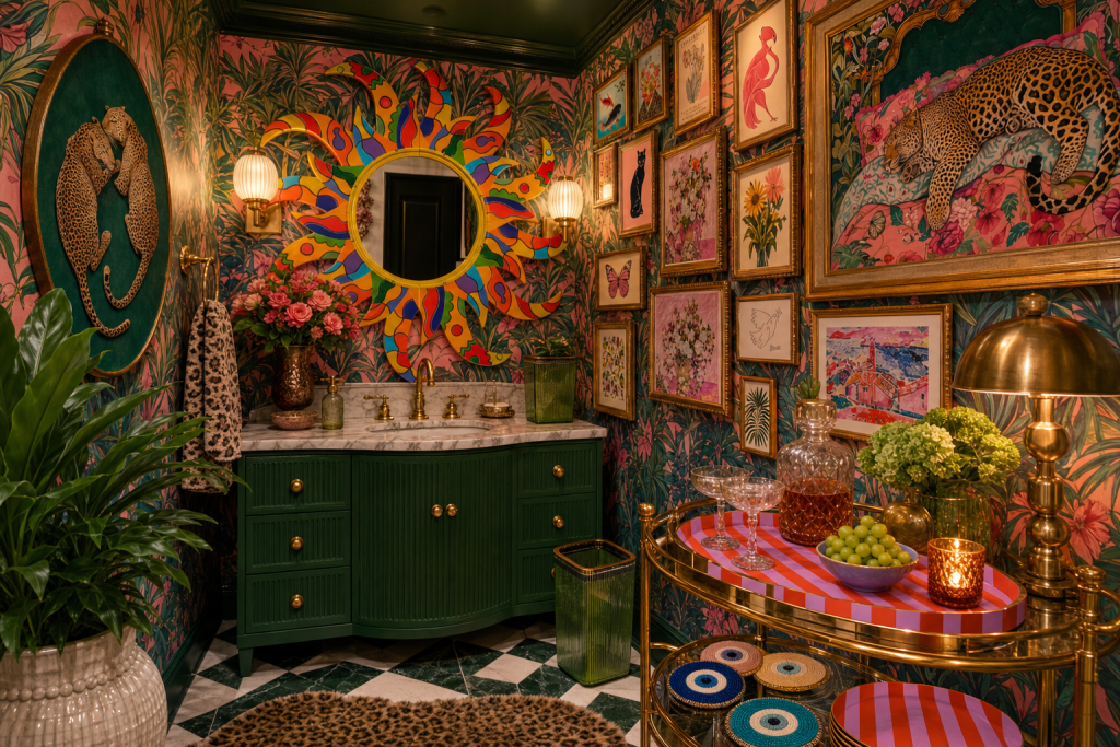 A Colorful Maximalist Vanity Corner Built From Sunbursts, Leopards, And Party Stripes