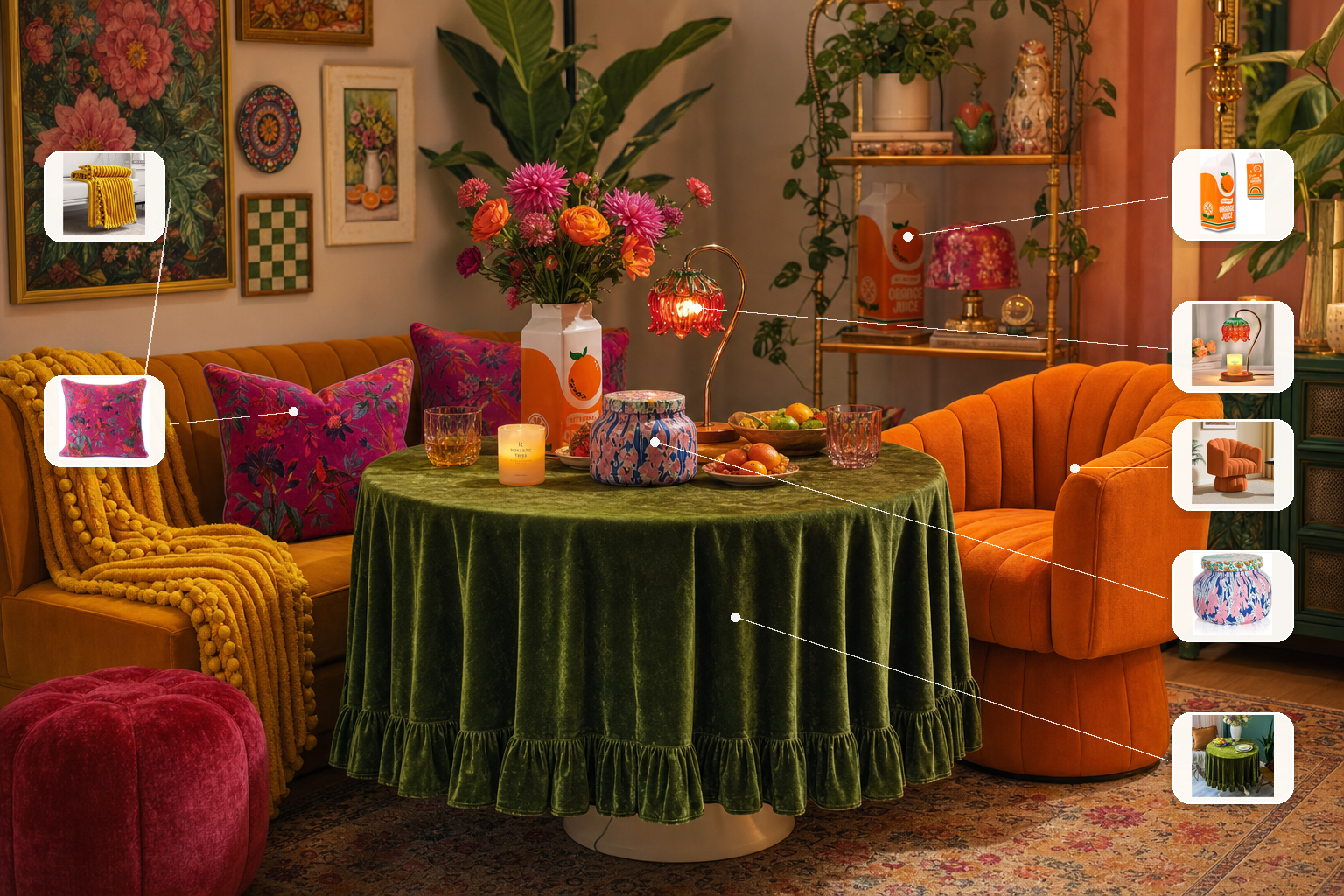 Room Decode styled room with product callouts