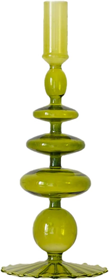 Olive green sculptural glass candlestick holder with stacked rounded shapes