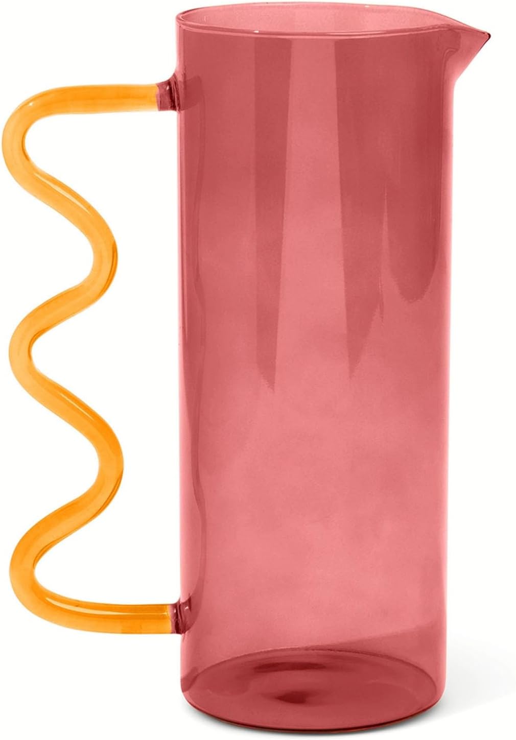 Translucent rose pink pitcher with a sculptural wavy golden yellow handle