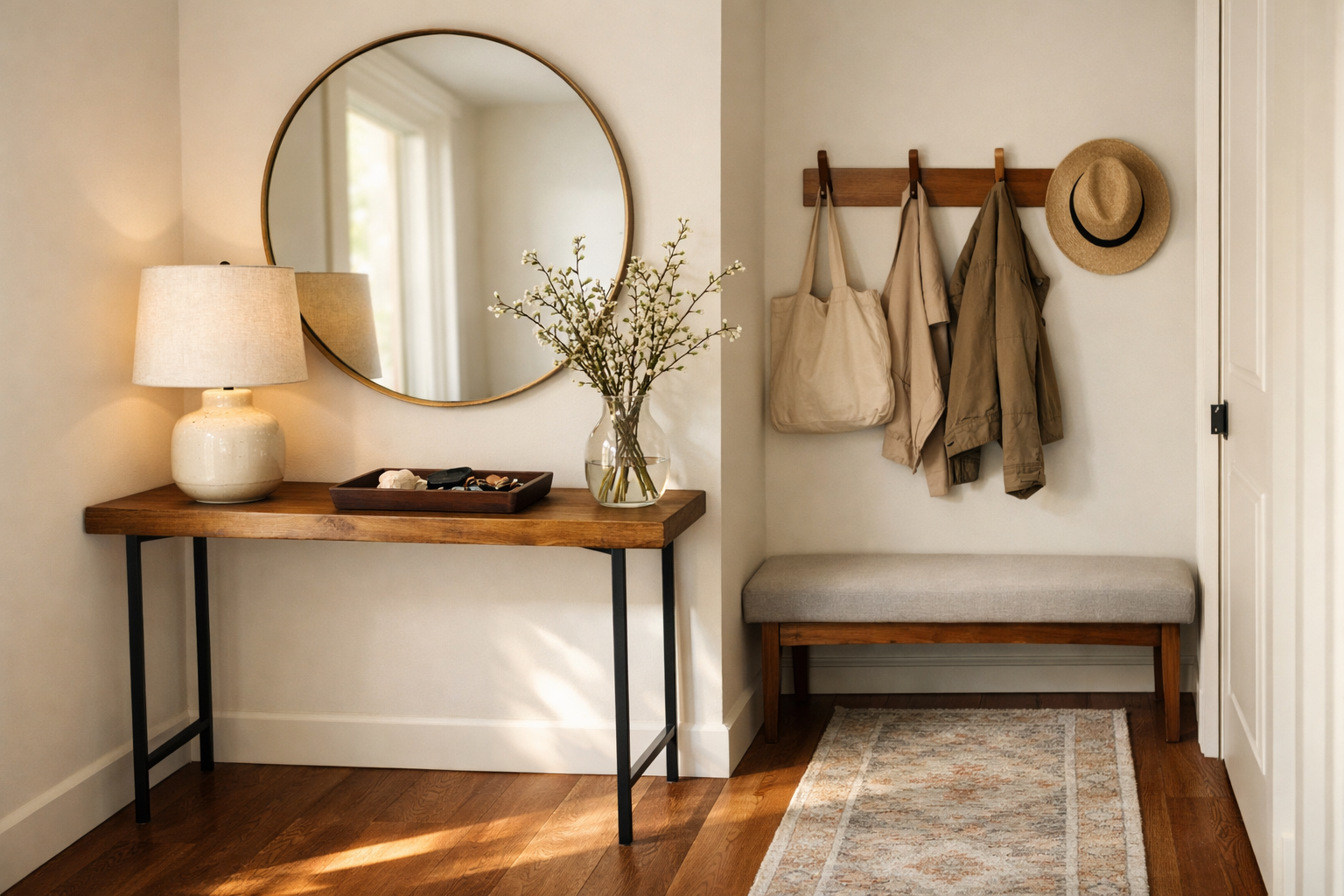 Small entryway with narrow wood console, round mirror, ceramic lamp, tray, hooks, runner rug, and flowers