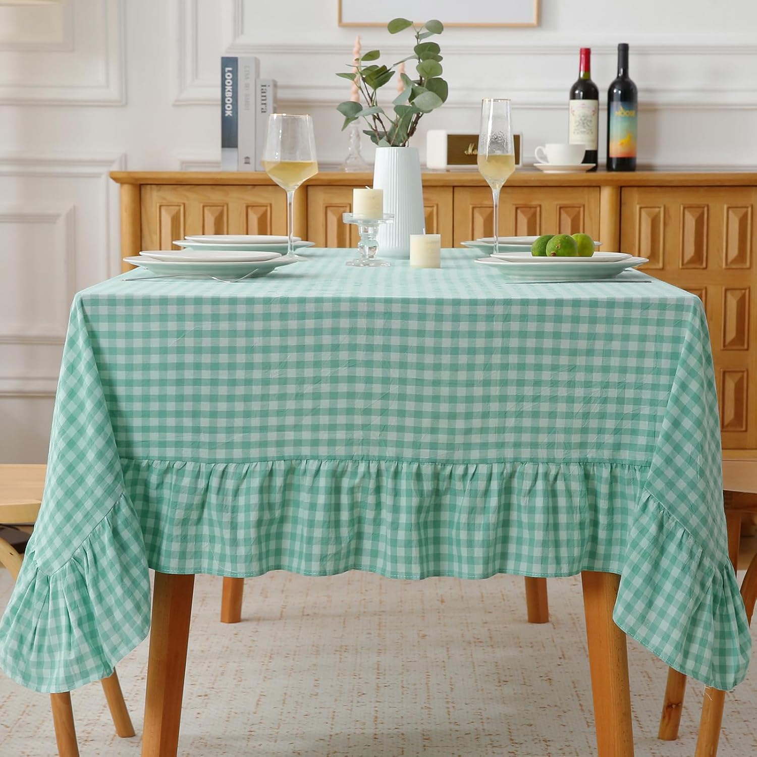 Blue gingham ruffled tablecloth product snapshot