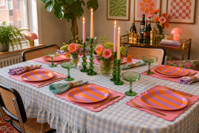 Colorful party tablescape with gingham tablecloth and striped plates