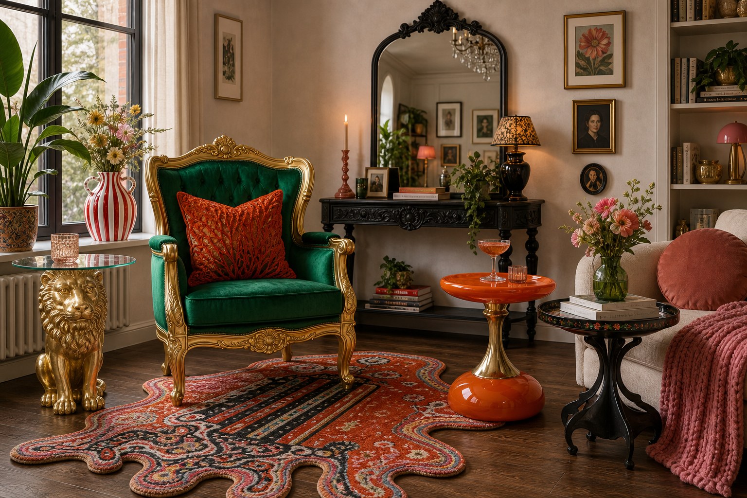 A whimsical royal parlor with a green throne chair, golden lion side table, orange hourglass table, ornate mirror, striped vase, and melting rug