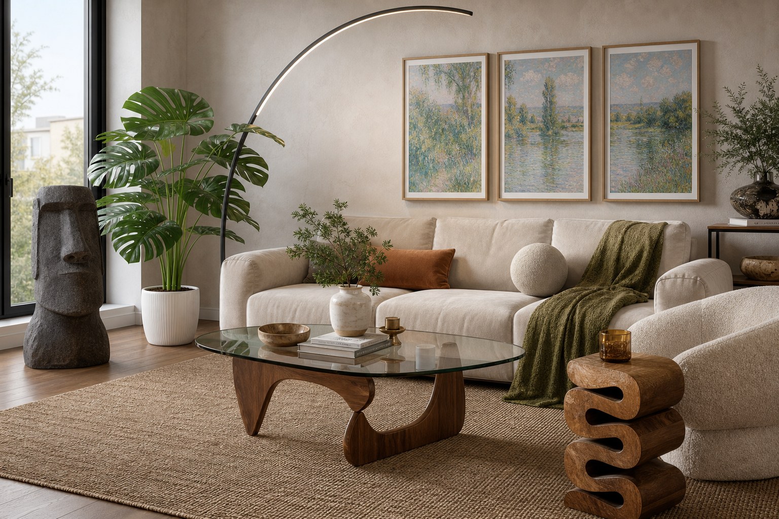 A warm sculptural living room with an arc lamp, Monet-style wall art, a glass coffee table, a faux monstera, a Moai statue, and a carved wood side table
