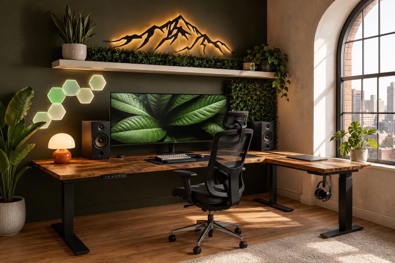 Warm wood biophilic home office with a curved ultrawide monitor, black mesh chair, studio speakers, green wall lights, plants, mountain wall art, and an orange desk lamp