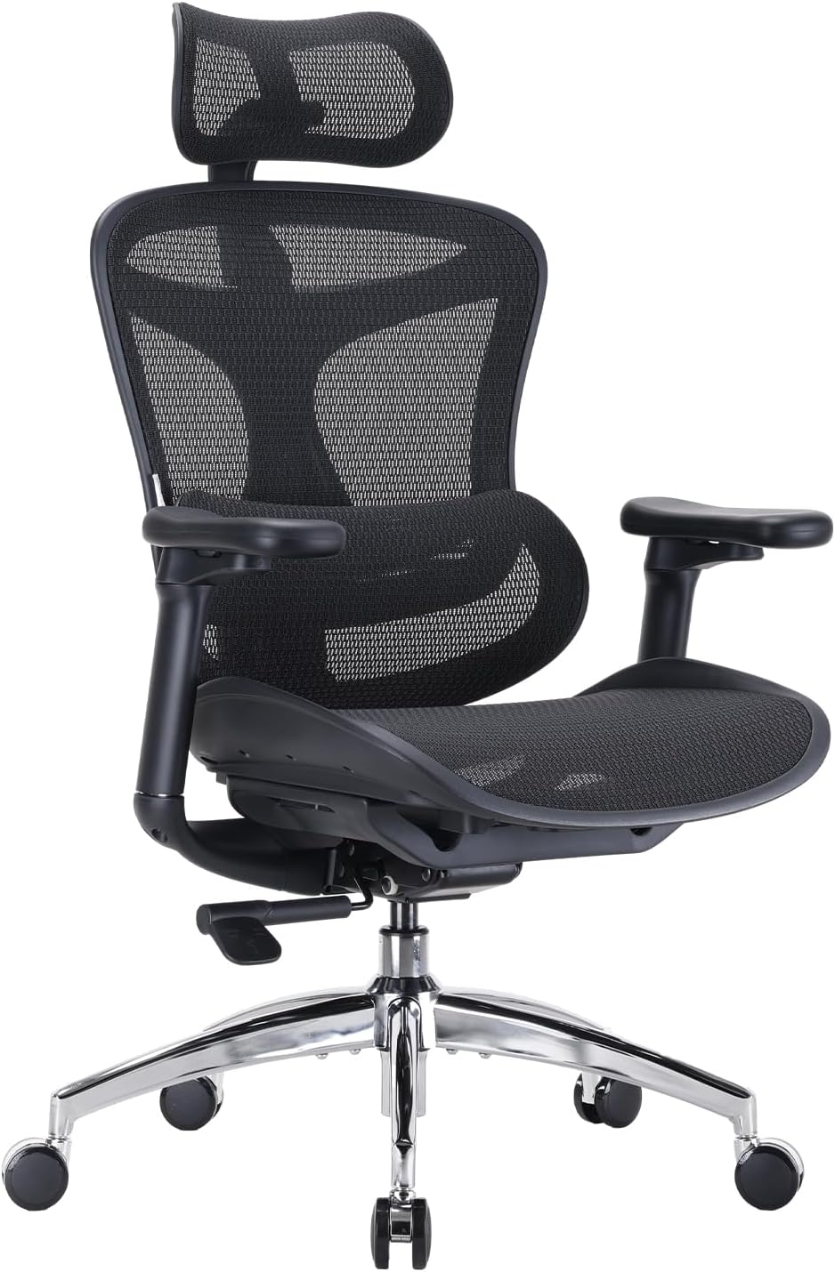 Black ergonomic mesh office chair with headrest, lumbar support, and adjustable arms