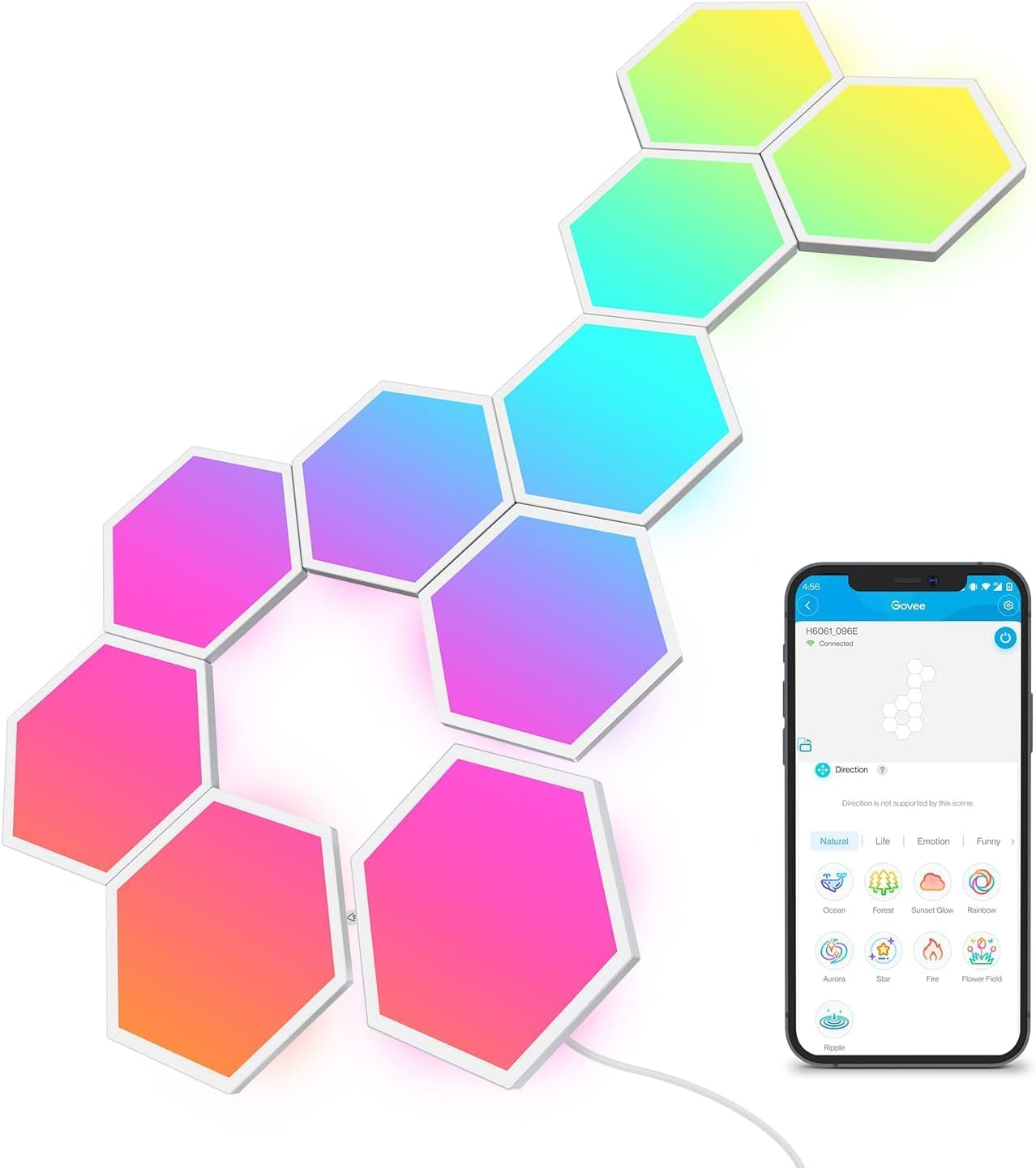 Modular hexagonal wall light panels displaying soft green and warm white colors