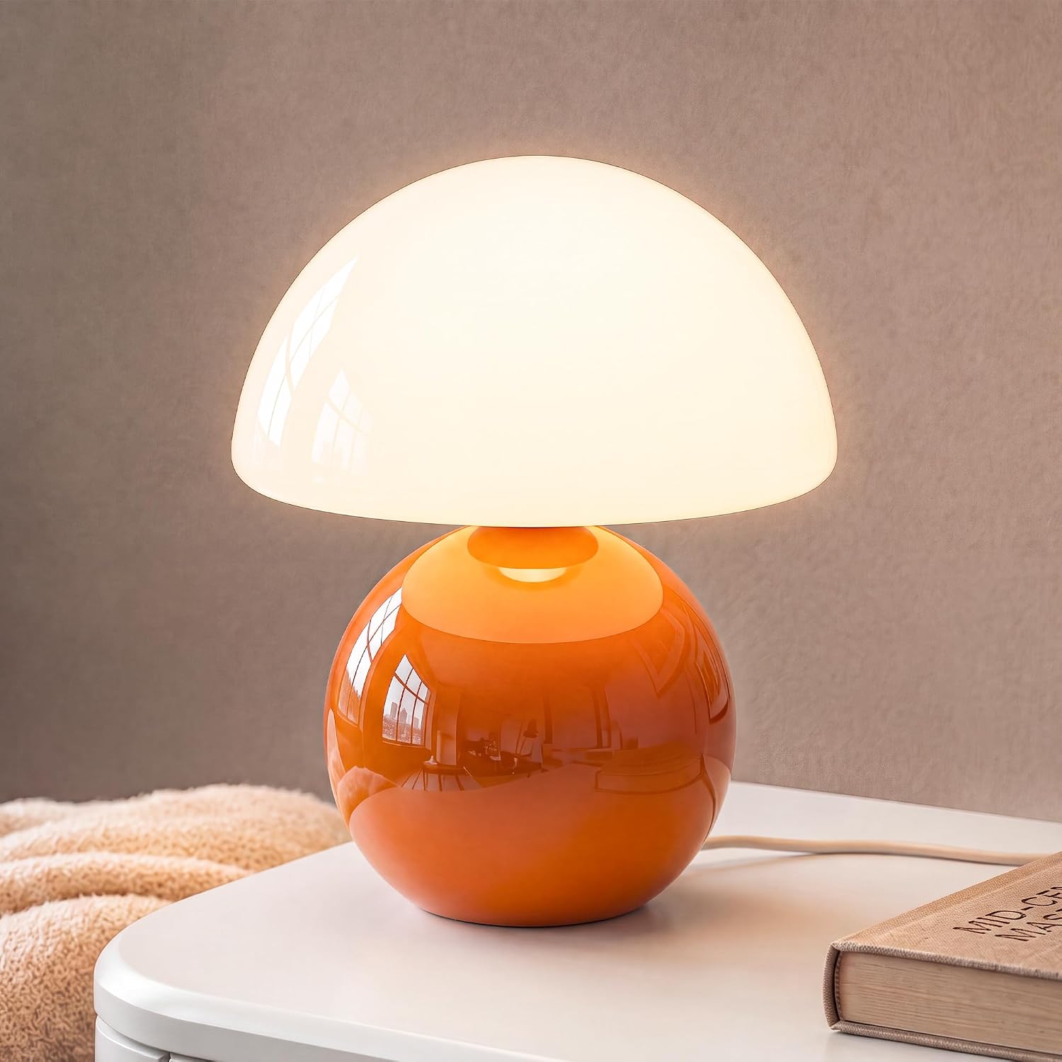 Small orange ceramic and opal glass mushroom-shaped table lamp