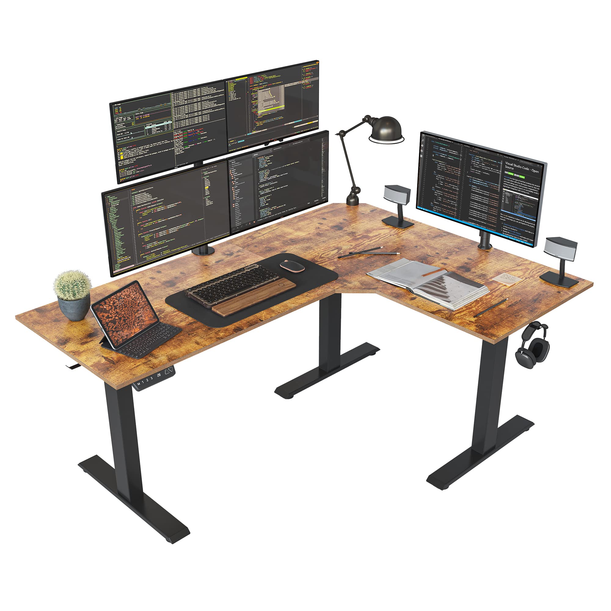 Rustic brown L-shaped standing desk with a black steel frame
