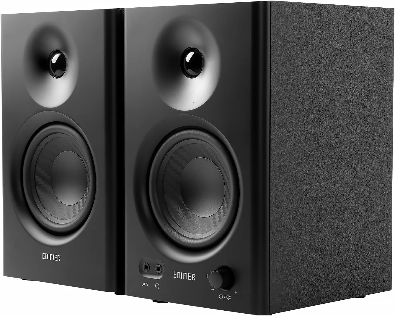 Pair of compact black powered studio monitor speakers