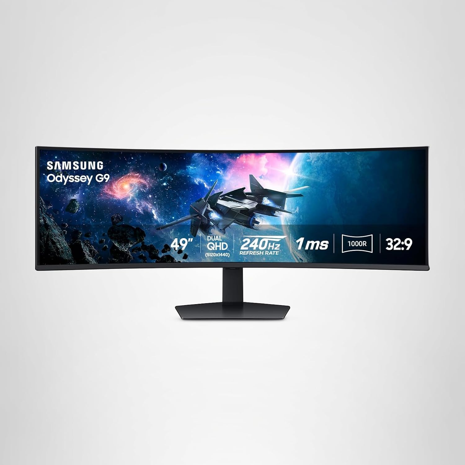 Black 49-inch curved super-ultrawide monitor on a desktop stand