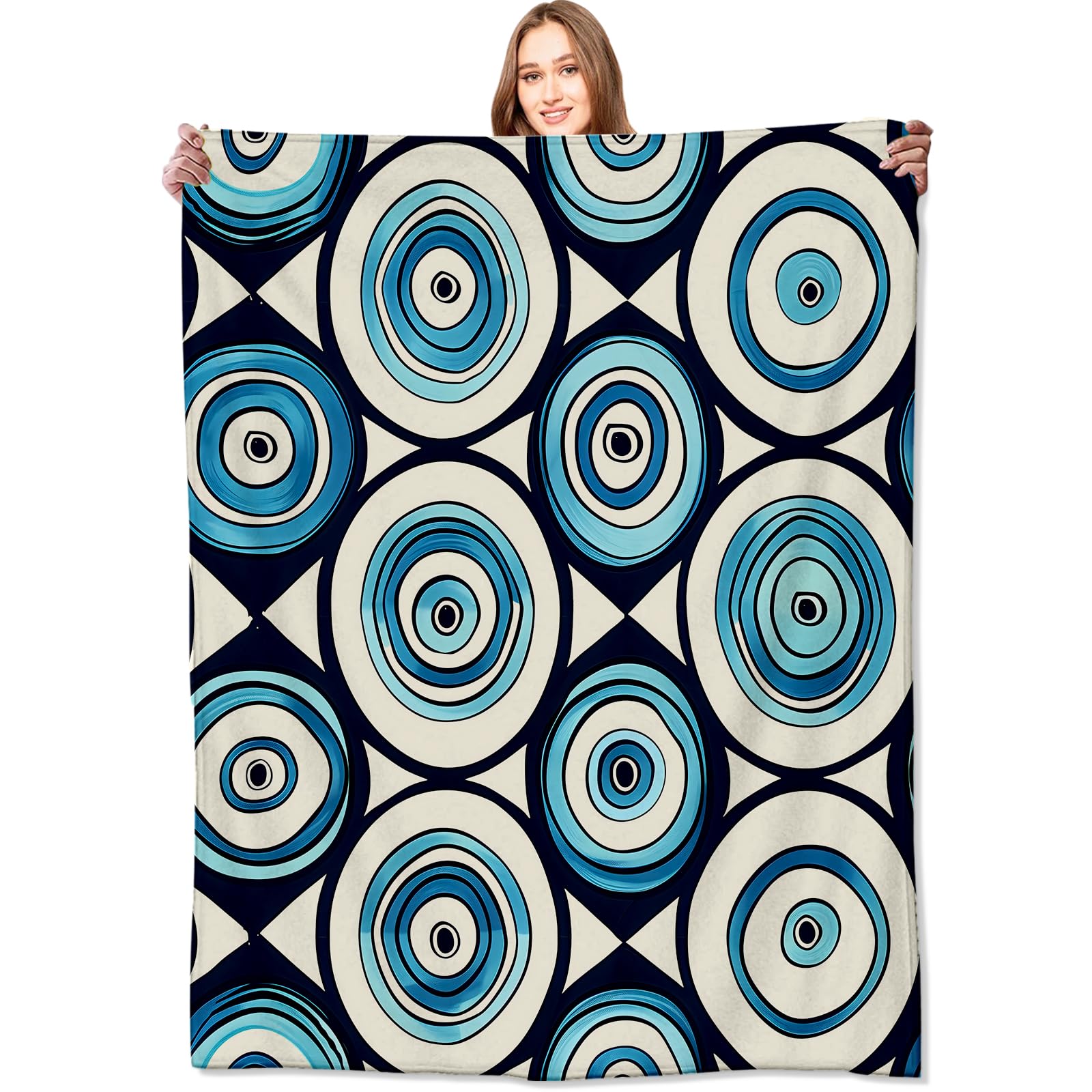Cobalt blue geometric eye-pattern throw blanket