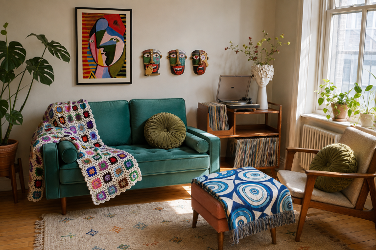 Collected living room with teal velvet seating, crochet, graphic blue textiles, record storage, and playful face art