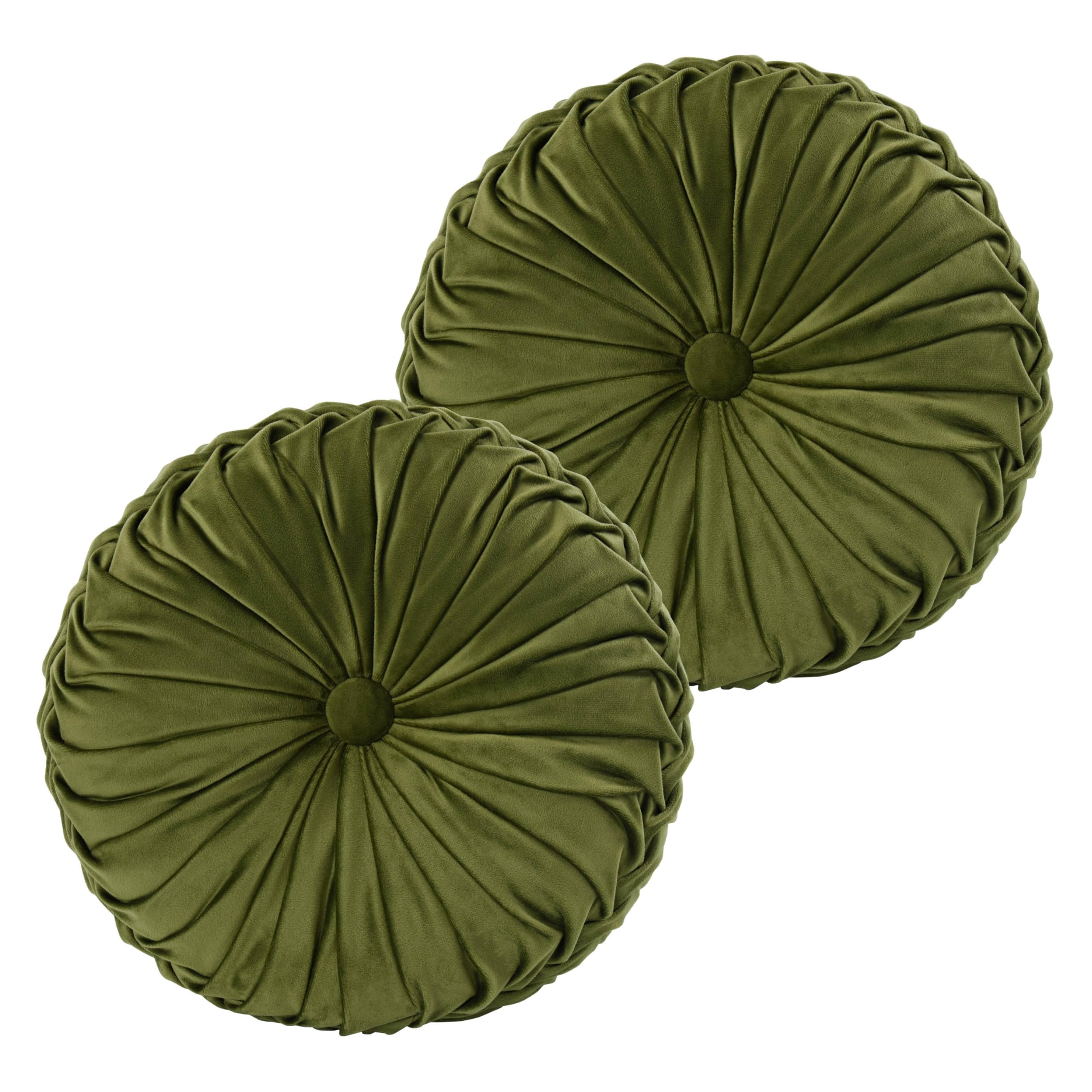 Pair of olive green round pleated velvet pillows