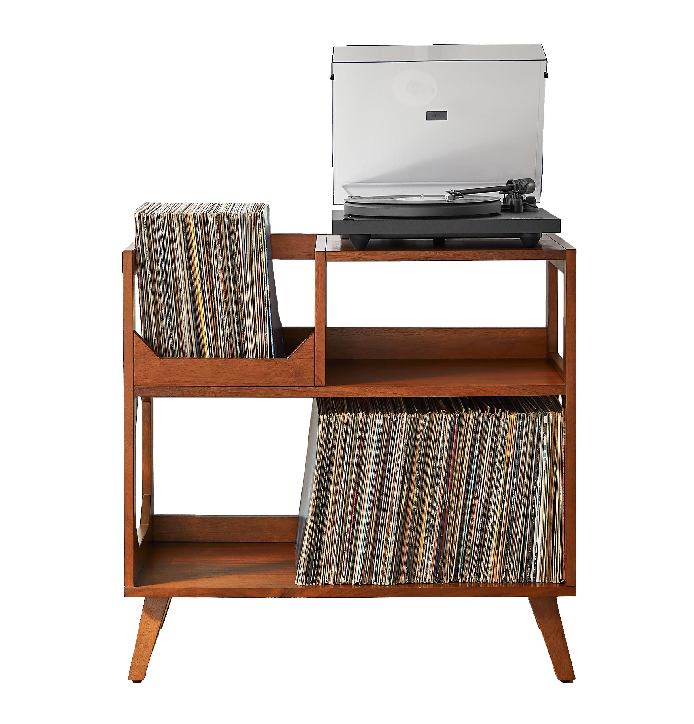 Walnut mid-century record player stand with vinyl storage