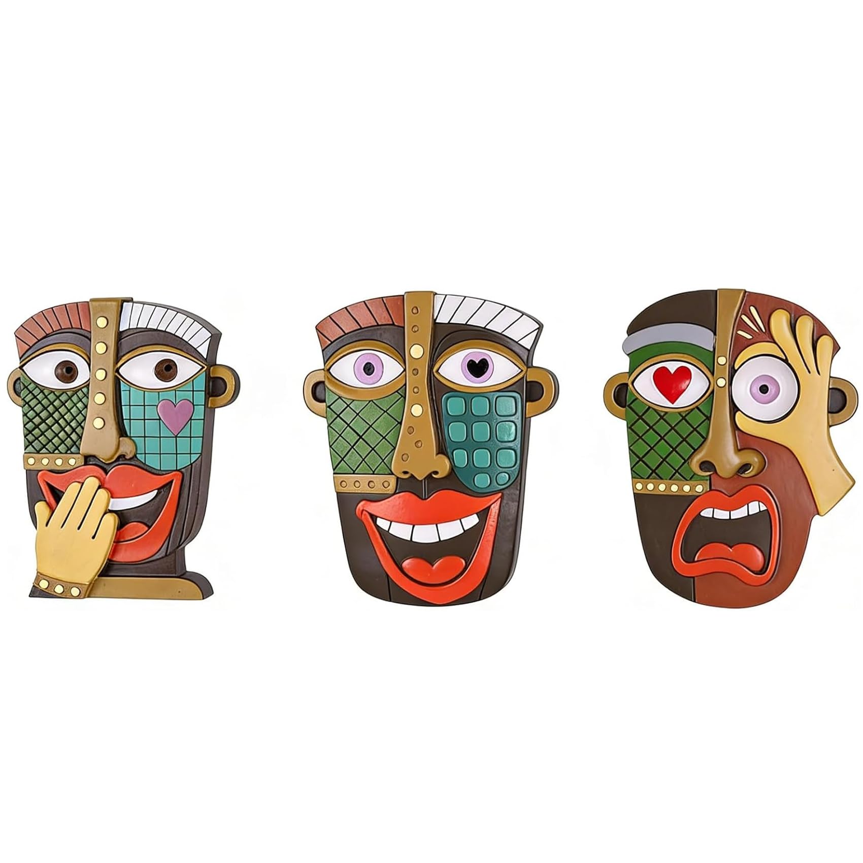 Set of three colorful abstract face wall sculptures