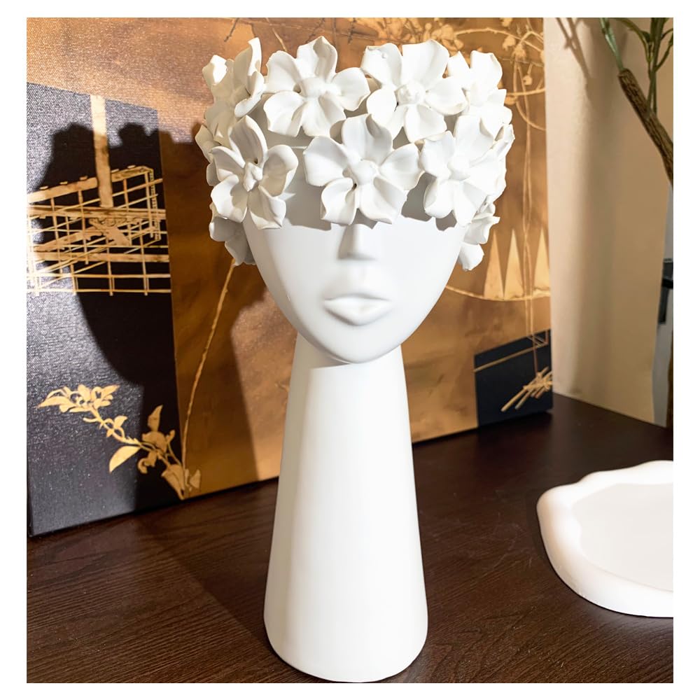 Tall matte white sculptural face vase
