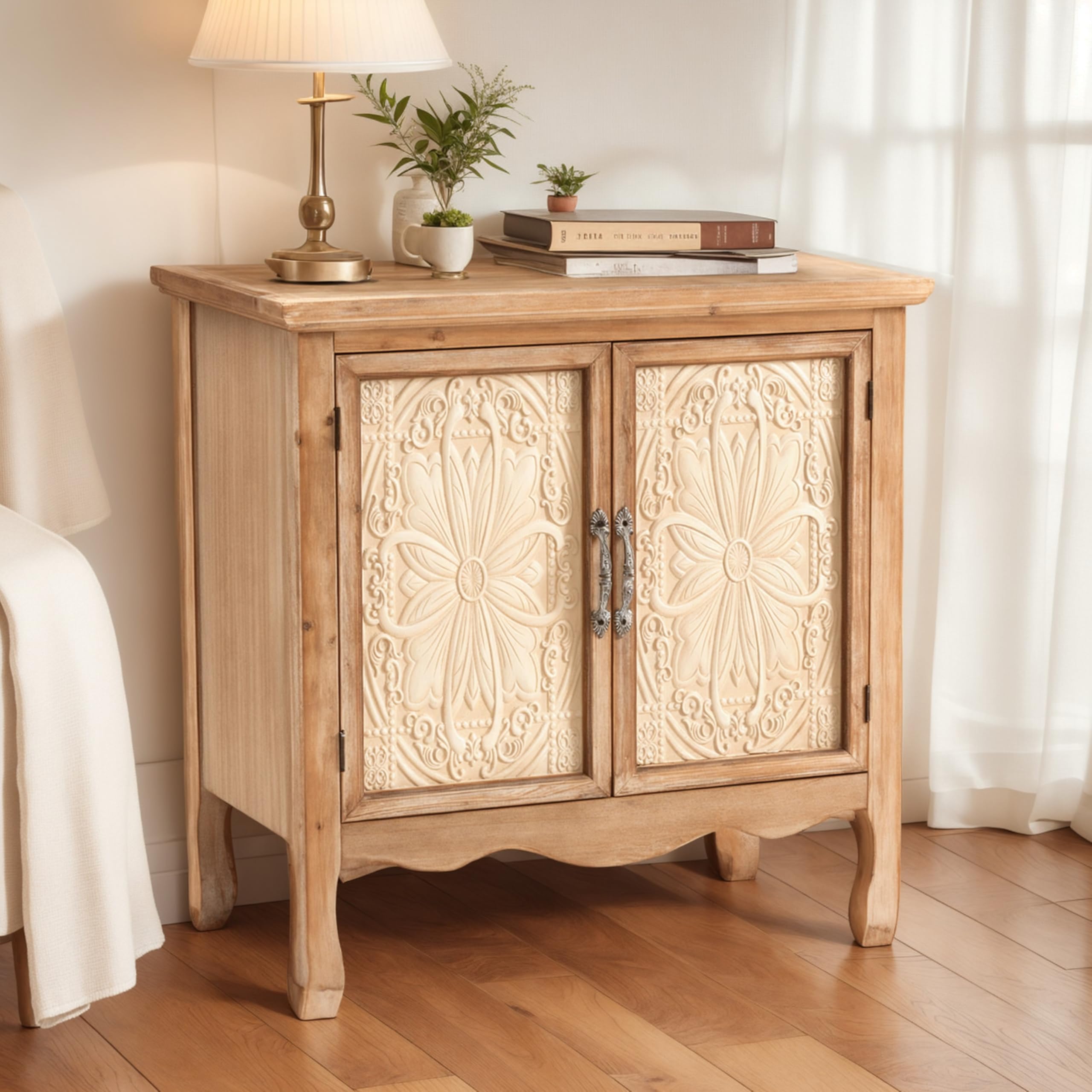 Natural wood storage cabinet with pale carved floral door panels