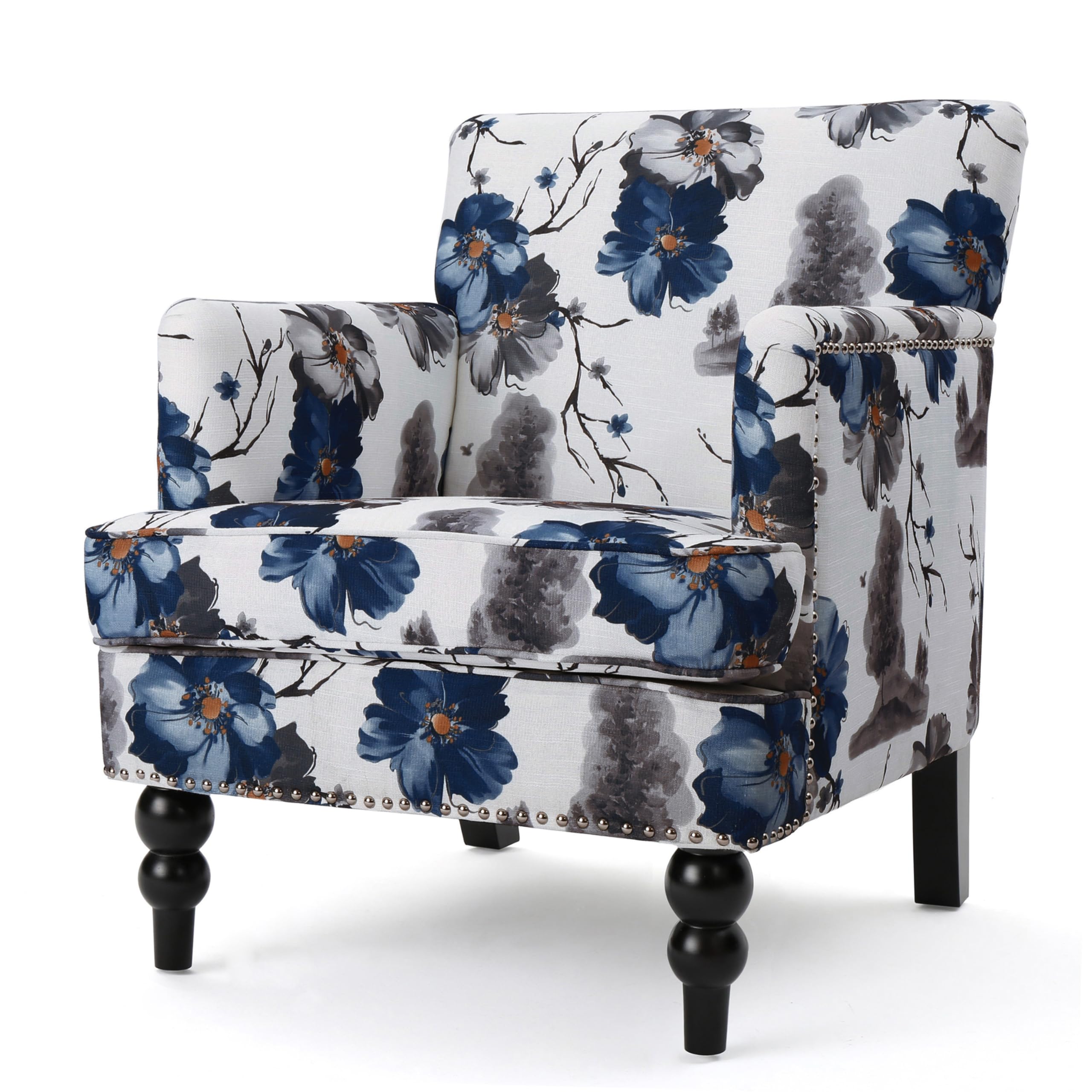 Blue and gray floral upholstered club chair with turned black legs