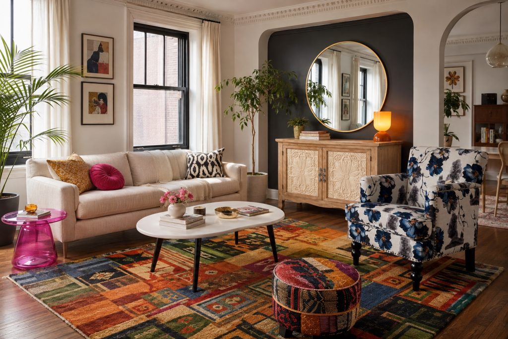 A Jewel-Box Living Room Built From Florals, Acrylic, And Carved Wood