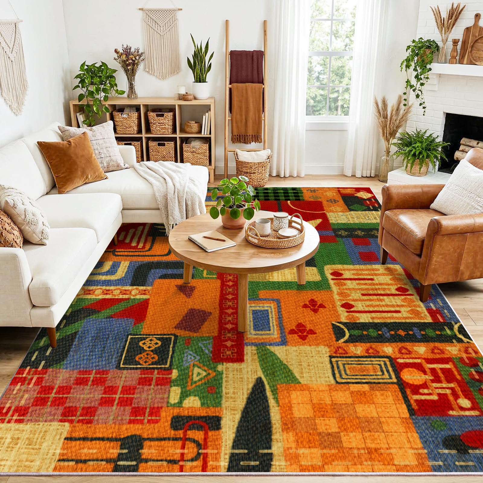 Large burnt orange, black, green, and ochre geometric patchwork area rug