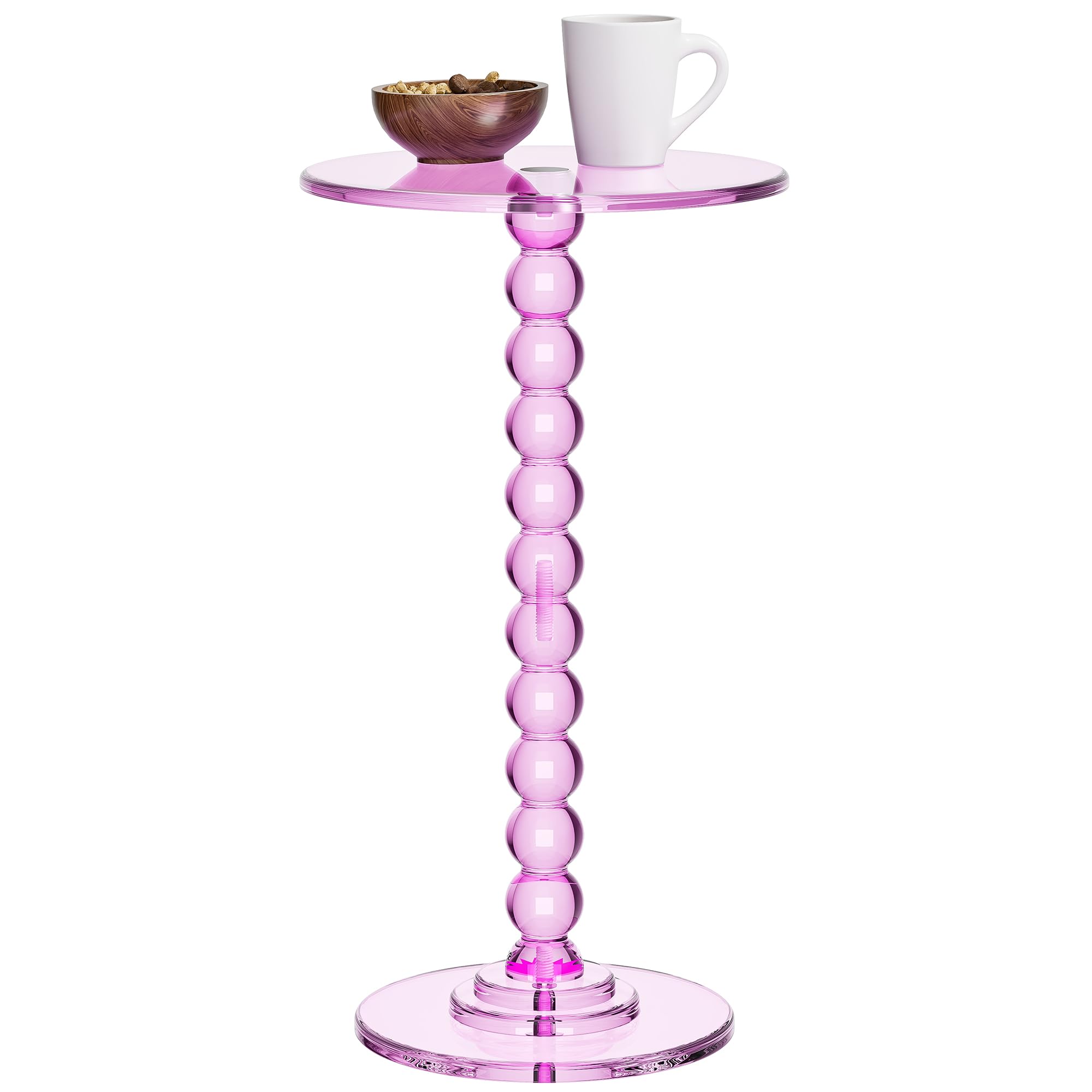 Transparent pink acrylic pedestal side table with a round top