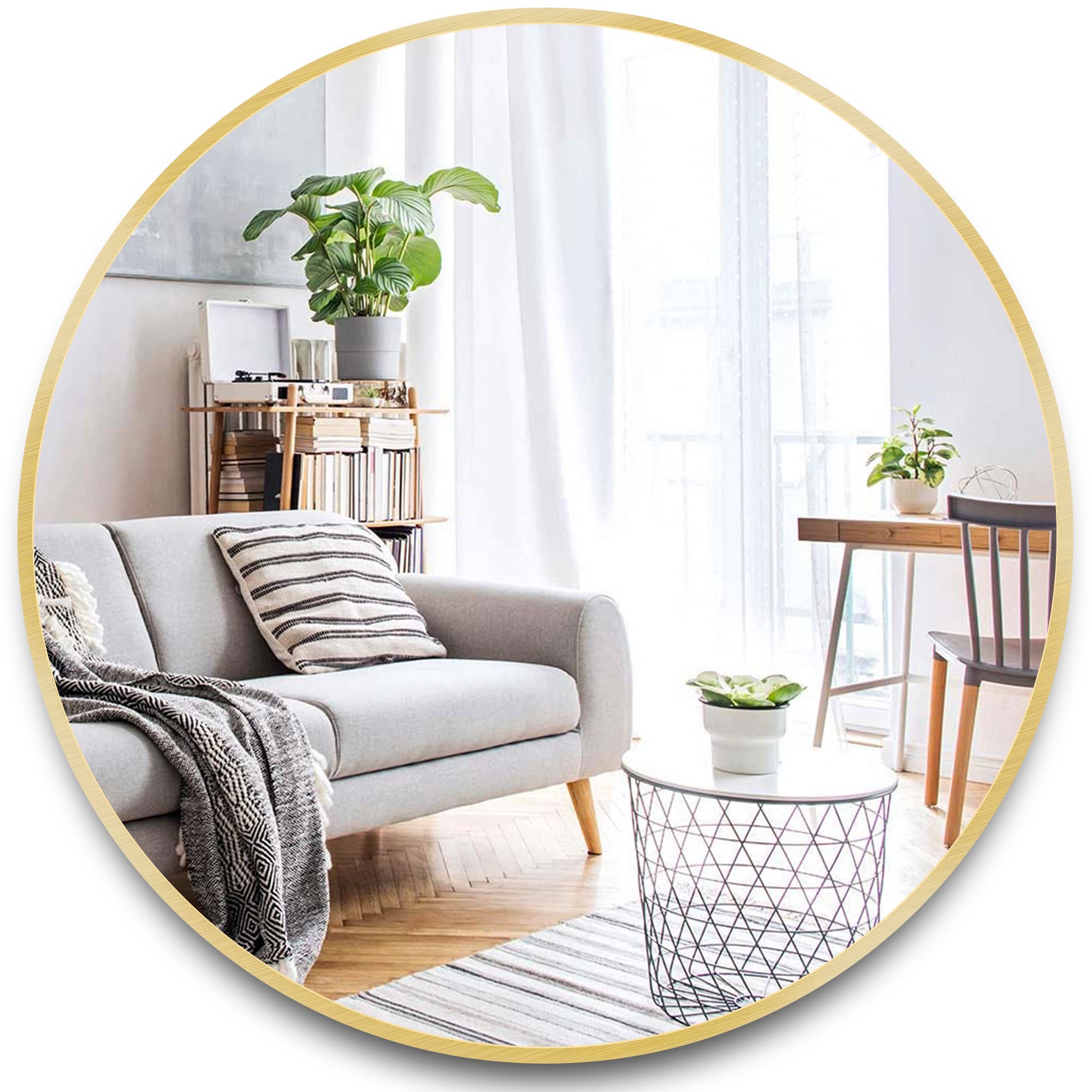 Large round wall mirror with a thin gold metal frame