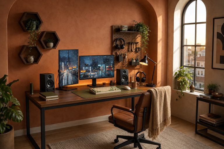 Warm terracotta home office with a walnut desk, landscape and portrait monitors, black studio speakers, wood wall storage, olive desk mat, and amber task lighting