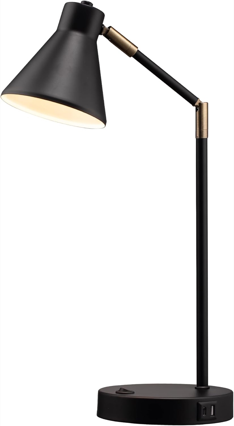 Black metal desk lamp with an angled cone shade and articulated arms