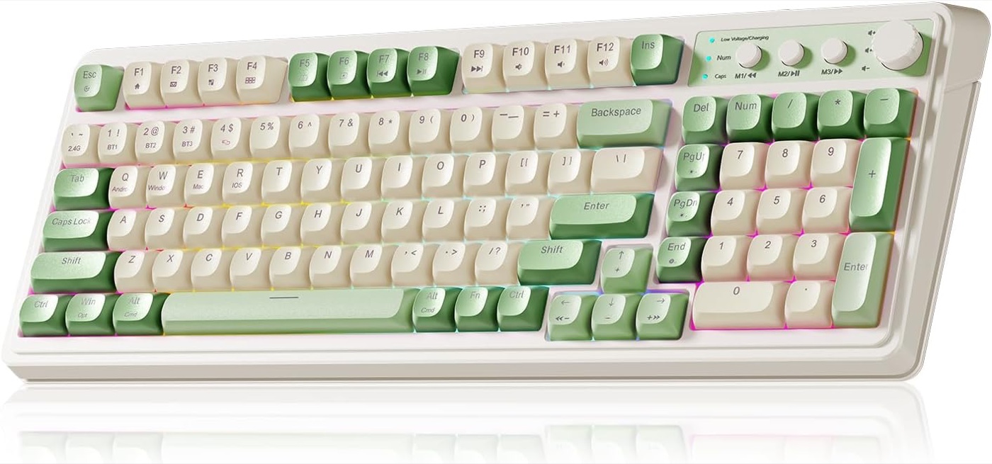 Cream desktop keyboard with rounded beige and green keys