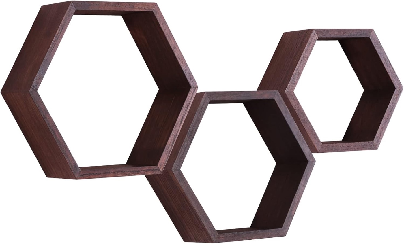 Set of three dark wood hexagonal floating wall shelves