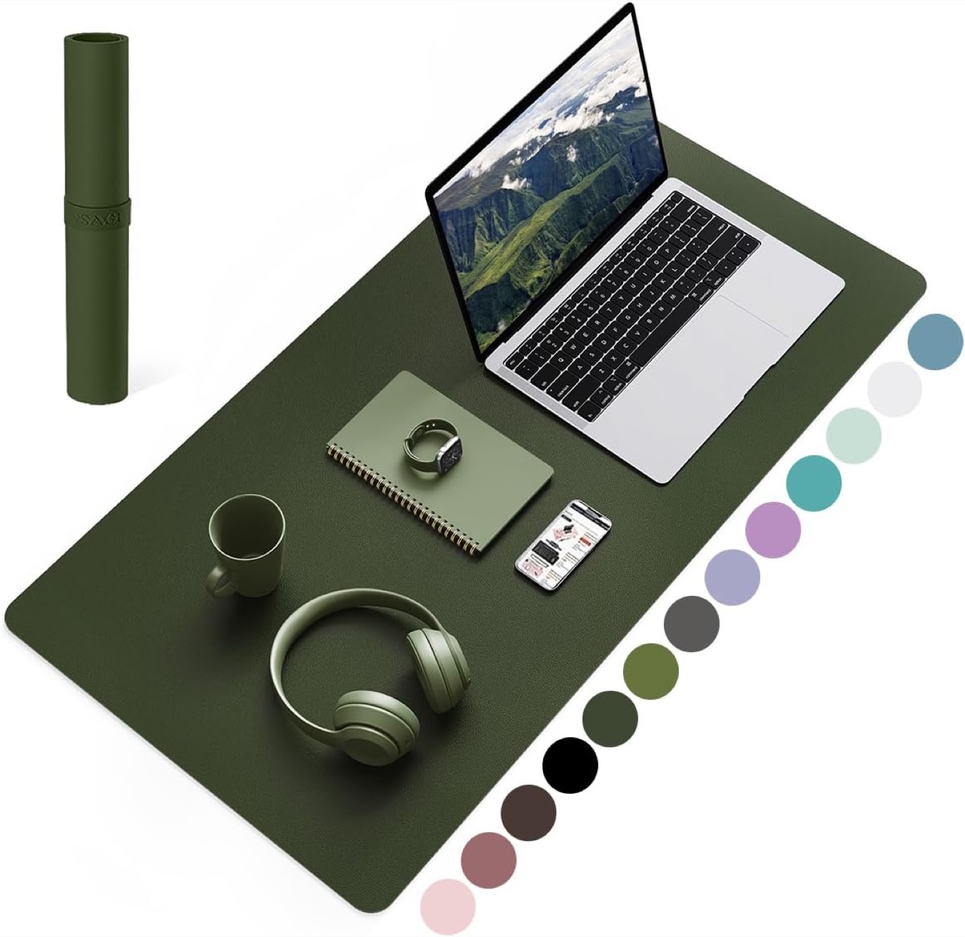 Large olive green desk mat styled with a laptop and work accessories